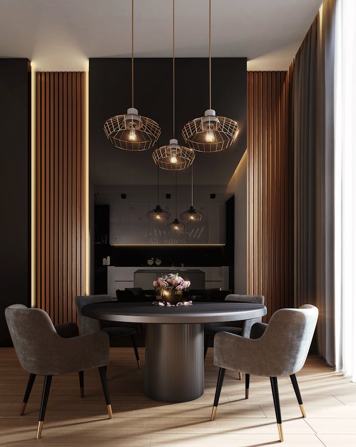 pexels photo 3356416 A sophisticated, contemporary dining room with elegant lighting and luxurious furnishings.